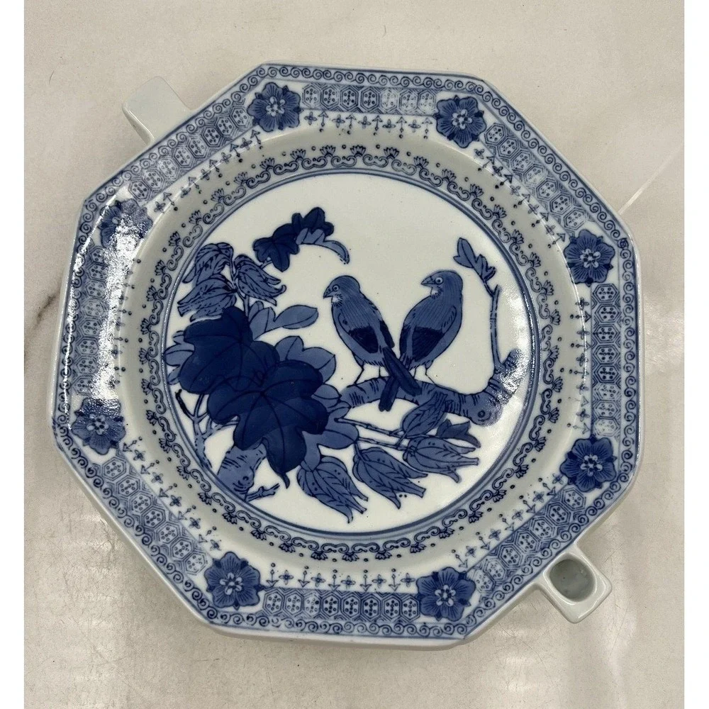 Antique Chinese Blue and White Porcelain Hot Water Warming Plate Birds Octagonal